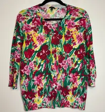 Talbots LP Petite Cardigan Bold Red Pink Yellow Green Floral Cotton Rayon‎