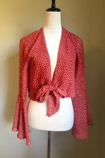 Urban Outfitters Red Star Print Tie-Front Blouse bell sleeves boho western Y2K s