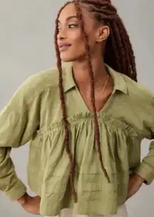 Anthropologie Pilcro Long Sleeve V Neck Ruffled Babydoll Top Moss Green  