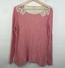 Rewind  Pink Crochet Detail Ribbed Long Sleeve Long Sleeve top XL cottagecore