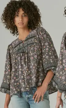 Lucky Brand Bohemian Hippie Retro 70s Lace Up Peasant Blouse Size Large