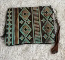 Tooled Navajo Leather & Hair on Hide Wristlet Pouch Clutch Aztec Southwestern