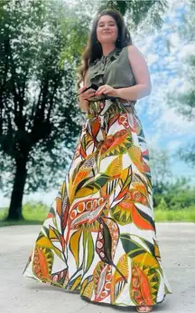 Cato Vibrant Flowy Tropical Satin Extra Wide Leg Palazzo Pants Green Orange M