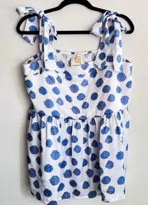 Emily McCarthy Bow Tank Bleu Dot Tie Straps Smocked Top Flowy Size L Tie‎ Straps