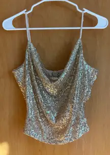 Intimately Free People Sequin Cowl Neck Cami Top Gold Sparkle Party Size L