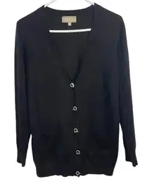 Joan Vass New York Cardigan Sweater Black With‎ Silver Button Detail Size Large