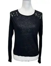 Generation Love Women Black Long Sleeve Top Lace Up Linen Blouse Size Small S