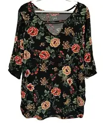 Liberty Love Women's Black Floral Red Yellow Green Short Sleeve Blouse Size 2XL‎