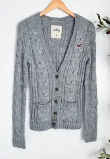 Vintage Y2K Hollister Cardigan Sweater Grey Cable Knit Medium
