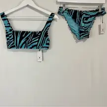 Shade & Shore  Women’s Zebra Print Ruffle Swim Bikini Teal & Black NWT