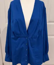 Cobalt Blue Deep V Snap Front Blouse | Dressy Chic Romantic Balloon Sleeves 2XL
