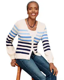 Talbots White + Blue Ribbed Button V Neck Breton Stripe Cardigan