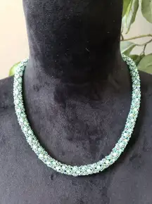 Women Fashion Turquoise Blue Woven Beaded Rope Collar Necklace with Barrel Clasp