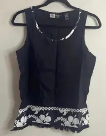 Oleg Cassini Linen Blend Black and White Floral Trim Sleeveless Top
