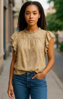 Joie Cream Flutter Sleeve Blouse with Mock Neck Ruffles