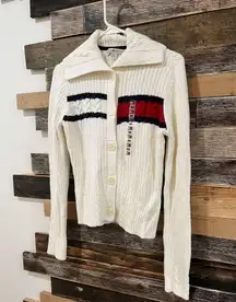 Tommy Hilfiger NWOT 90's White Blue and Red Classic Cable Knit Cardigan Sz M