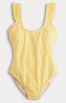 NWT Draper James Yellow White Stripe Seersucker Ruffle One Piece Swimsuit Size M