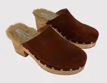 Steve Madden Brooklyn Womens Clogs Brown Suede Mules Fur Trim Studded Sandals 8M