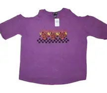 🆕 Hot Topic Plus 0 0X 1X Purple Checkered Roses Tattoo Top NWT Cold Shoulder
