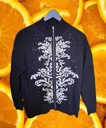 Zenergy Full Zipper Black Sweater with White‎ Design and Rhinestones Size 2