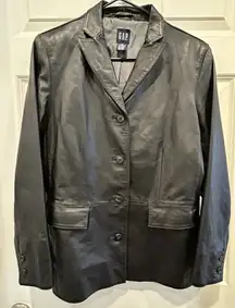 Gap‎ Black Leather Jacket Button Front Flap Pockets Women’s Size M