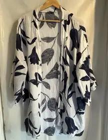 Luca‎ Vanucci Open Front Blouse Cover Up Sz Small 100% Linen White Blue Floral