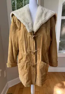 Vintage Wilson’s Tan Suede Leather Anorak Drawstring Jacket Faux Fur Hood Large