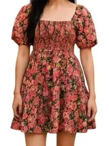 VERY J‎ Floral Print Smocked Square Neck Puff Sleeve Mini Dress Womens Size S