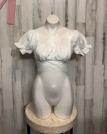 Lyaner White Puff Sleeve Tie Back Crop Top Medium Boho Cottagecore Blouse NWT