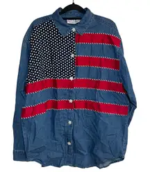 Vintage American Flag Stars Stripes Denim Shirt Red White Blue Large USA July 4‎