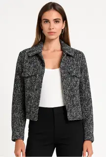 Jason Wu Black & Cream Textured Tweed Cropped Snap-Front Collared Jacket Sz 4💛