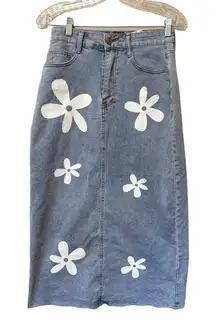 Y2K Daisy Print Denim Skirt | Raw Hem Midi Blue Jean Skirt S