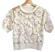 Anewsta Sweater Women Medium Cream Embroidered Floral Sheer Mesh Boho Coquette