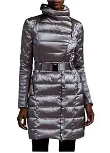 BCBGMAXAZRIA Belted Down puffer funnel neck Metallic Gunmetal Coat size small