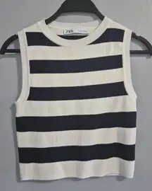 Zara Striped Blue and Cream summer euro boho beach sweater Tank Knit Top medium