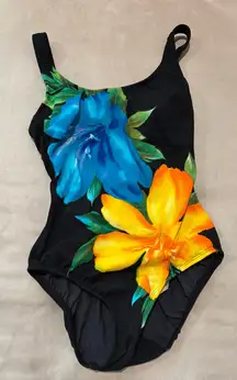 Longitude Black Swimsuit with‎ Blue and Yellow Floral Accents Size 8