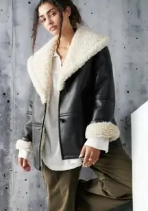 Free People Winnie Car Coat Jacket Small‎ Faux Leather Sherpa Oversized Trucker