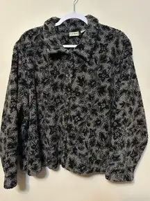 LL Bean Sweater Women XL Gray Fleece Cardigan Floral Button Up‎ 90s Vintage