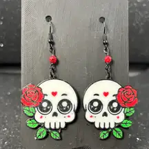 Cute Skull & Rose Dangle Earrings – Spooky Cute Statement Jewelry