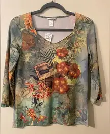 New NWT Christopher & Banks 3/4 Sleeve V-Neck Tee Floral Map Postcard Size Small