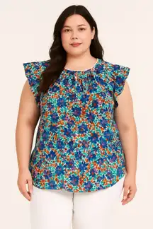 Perch Blu Pepper Size 2X Shirt Blue Ruffled Relaxed Blouse Floral Print Plus‎ Sz