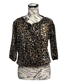 Express Women XS Blouse Ruffle Leopard Y2k Retro Sheer Cropped Preppy Coastal