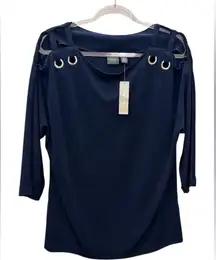 CHICO TRAVELERS CLASSIC Navy Blue Strappy Cold-Shoulder Top Grommet Hardware