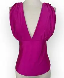 Fuchsia pink satin V-neck top by Papermoon, large stretch knit sleeveless V-back