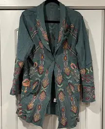 Coldwater Creek Juniper Ridge Knit‎ Embroidered House Coat Dusty Green Cardigan