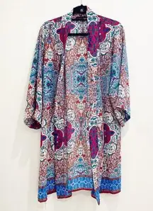 olivaceous printed patterned long open front kimono