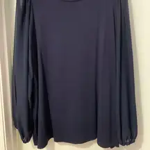 Pretty navy blue knit pullover, sheer full long sleeves with elastic at wrists