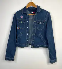Vintage Y2K Tommy Hilfiger Stretch Denim Cropped Jean Jacket Patches womens M