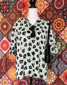 Equipment  Blouse Shirt Short Sleeve Seafoam Green Leopard Cheetah Print Top