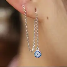 925 Sterling Silver Chain Thread Evil Eye Earrings NWT